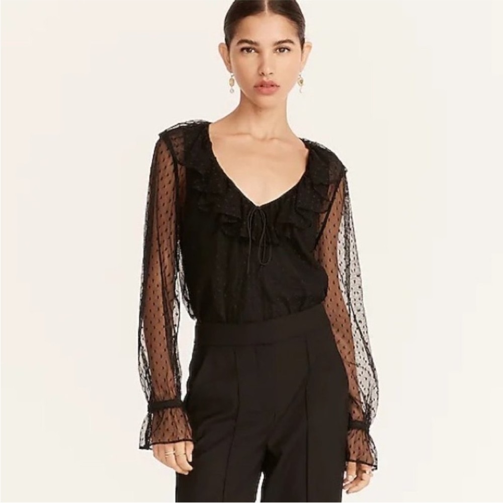 J.crew Jcrew Black Ruffle Neck Dot Sheer Sleeve Top